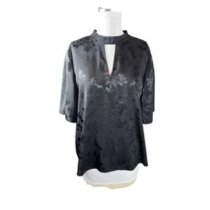 Ann Taylor Factory Black Floral Jacquard Mock Neck Keyhole Blouse XL Short Slv
